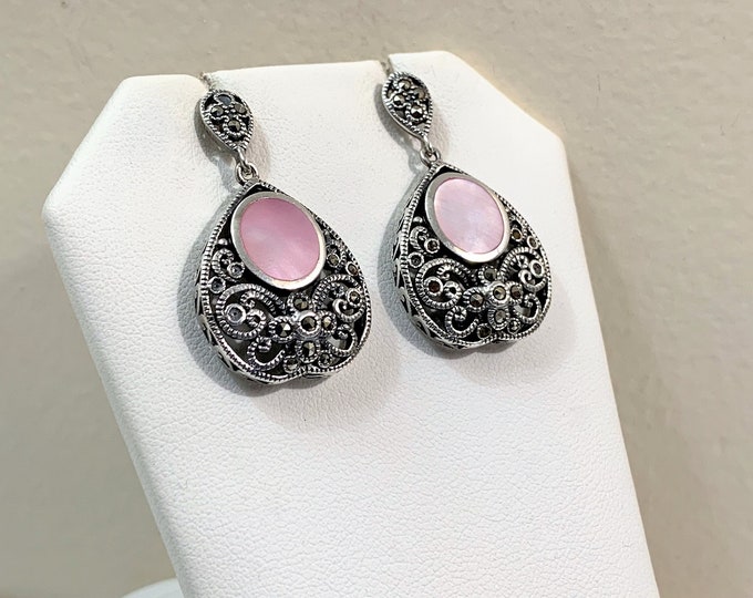 Vintage Sterling Silver Marcasite and Pink Mother Of Pearl Dangle Earrings, Beautiful Scrolls On Front & Sides, 1 1/2" L, 3/4" W.