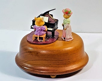 Vintage 1990 Collectible Enesco™ Figurine Music Box, "Moon River", 5" Carved Oak Base, Bisque Figurines. 'Piano Lesson', Free US Shipping