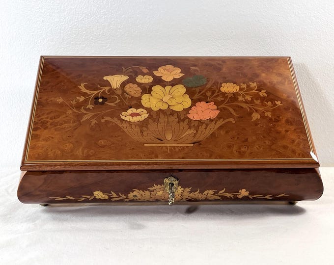VTG Rare Large Reuge® Swiss Music Box, "Theme of Paganini" 18th Variation, Burl Wood Inlaid Flowers, Key Lock. 13" W. 7" L. Free US Shipping