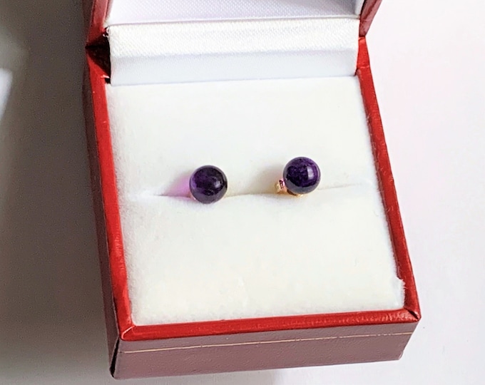 14K Yellow Gold & Purple Amethyst Gemstone 6 mm Beads Earrings, Posts with Butterfly Backs. Perfect shape Beads with Beautiful Luster.