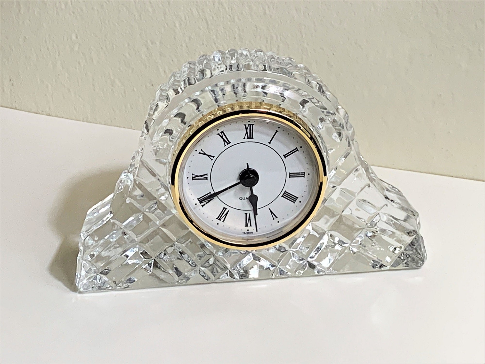 Vintage 24 Lead Crystal Mantle Clock, Hand Cut Deep Fine Crystal Block
