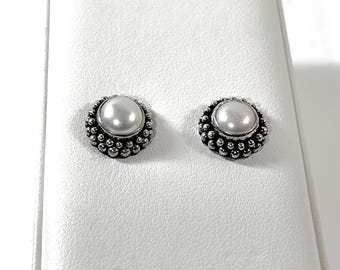Sterling Silver & Natural Biwa White Pearl Stud Earrings, Double Row Beaded Frame, Large Backs,  1/2" Round, 8mm Pearls. Free US Shipping
