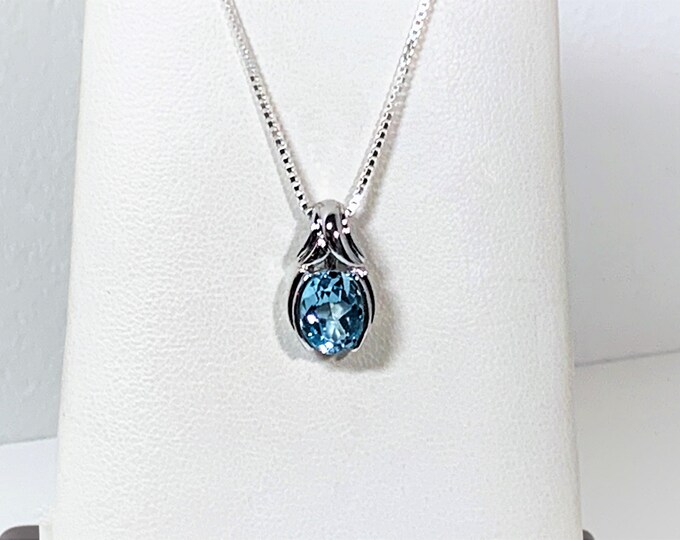 Sterling Silver Swiss Blue Topaz Slide Necklace, Oval Extra Faceted Gemstone 8 X 6 mm, 2.10 Carats, Custom Setting, 18" Box Chain. Beautiful