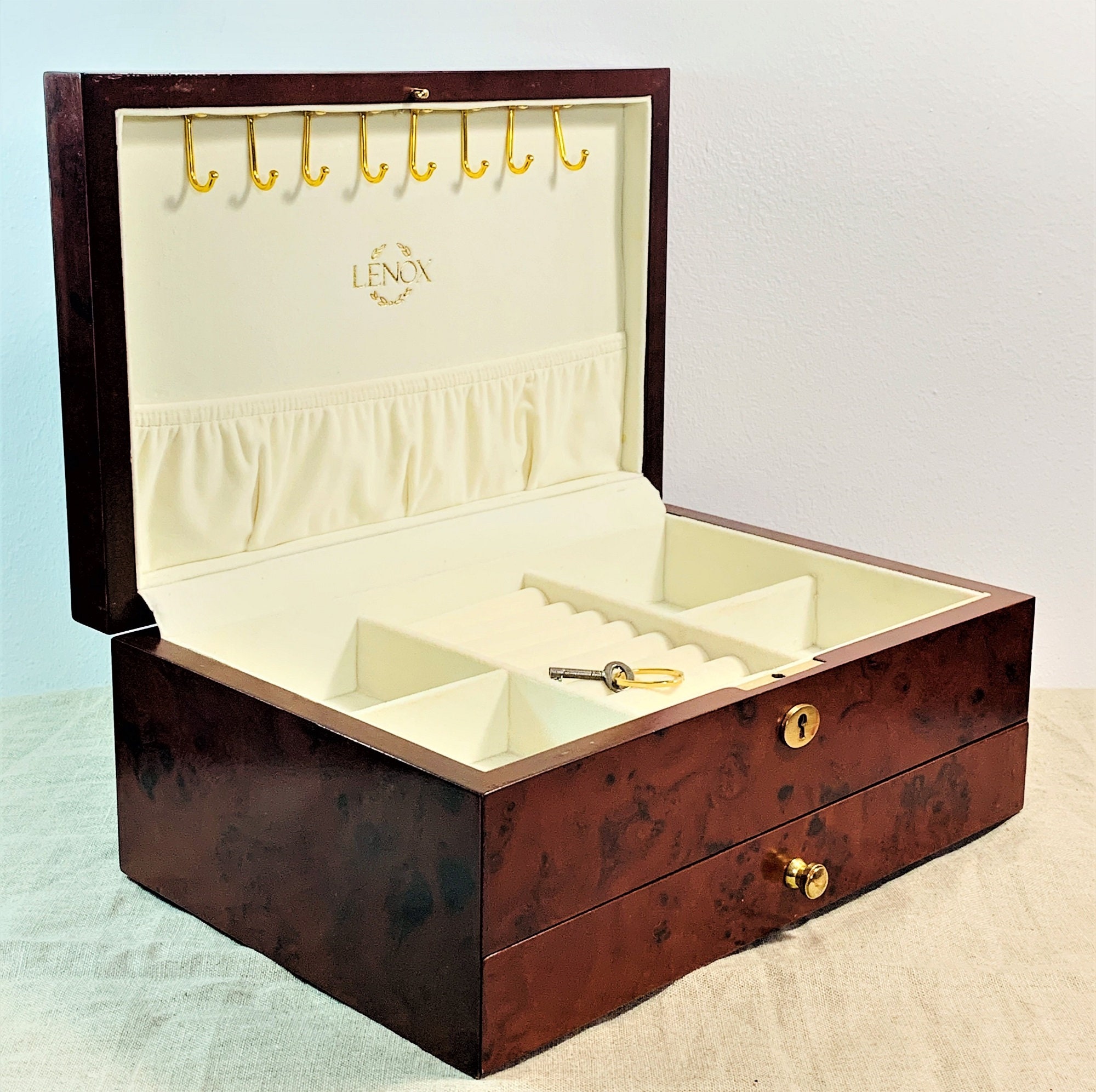 Vintage Designer Mahogany Wood Jewelry Box Art Plaque on Top 