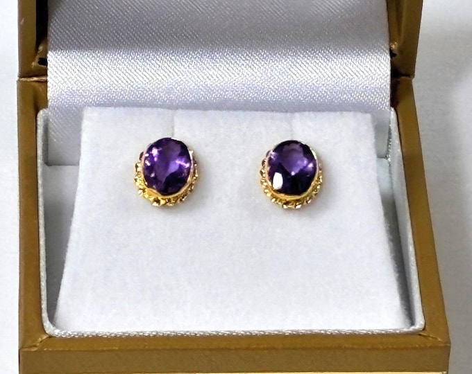 14K Yellow Gold Amethyst Gemstone Earrings, Oval Cut 8X6mm, 2.50 Carats. Ornate Bezel, Solid Setting & Backs, Free US Shipping.