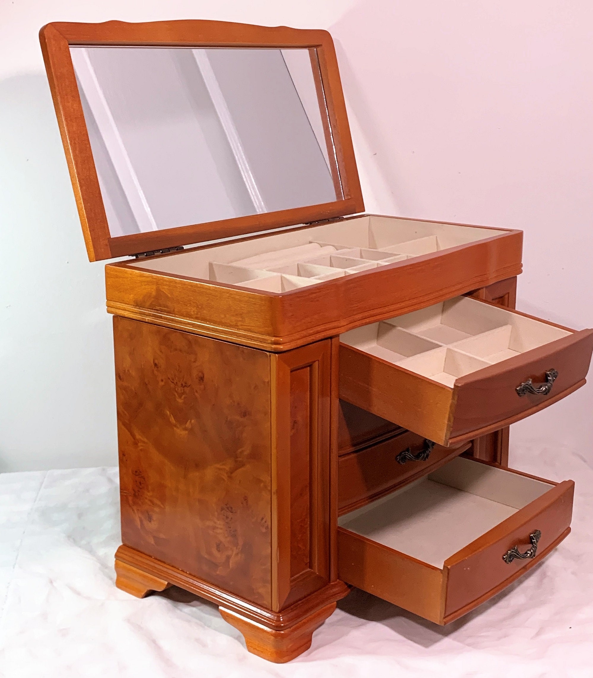 Vintage Super Large Burl Wood Jewelry Armoire, Hinged Lid W/Large