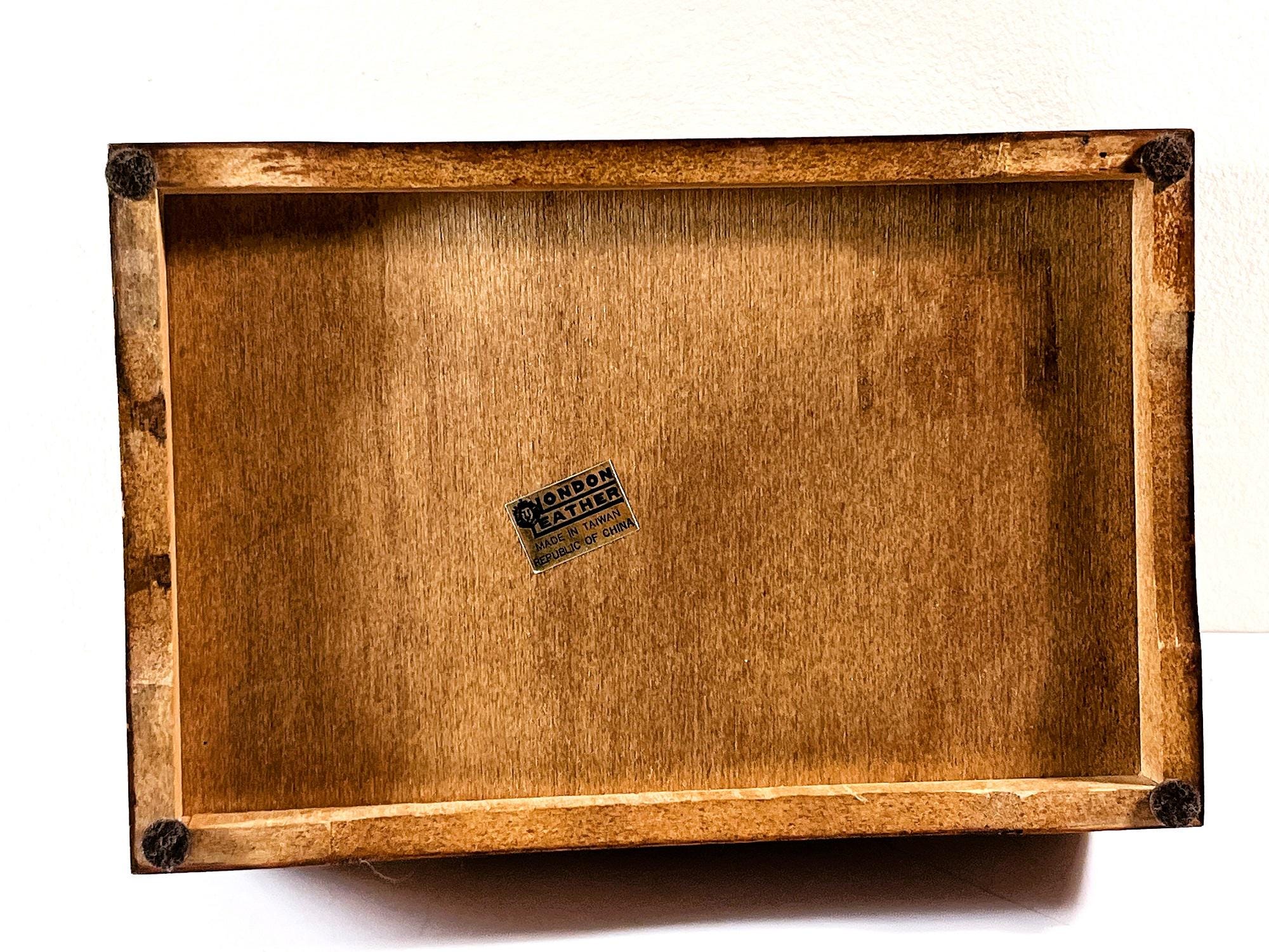 VTG London Leather™ Carved Teak Wood Jewelry Box, Etched