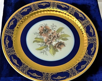 Vintage Collectible Czechoslovakian Carlsbad "Porcelaine Fine De Boheme" Cobalt Blue & Gold Plate, Mint in Original Box. Free US Shipping