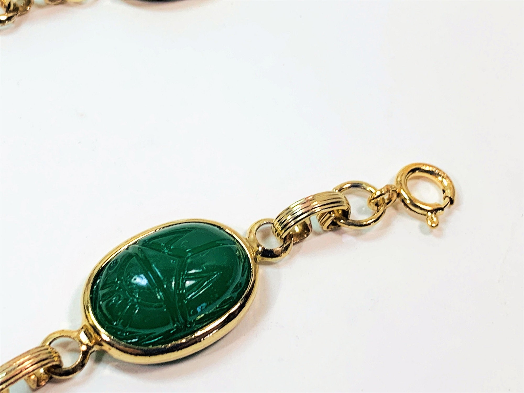 Vintage Gold Filled Scarab Bracelet, 5 Carved Scarabs 18 X13mm