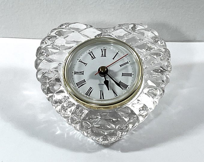 Crystal Legend by Godinger® Heart Shaped Fine Crystal Clock, Works Perfect, Serviced, 4.5" W. 4" L. 2" D. 1980's. Taiwan. Free US Shipping