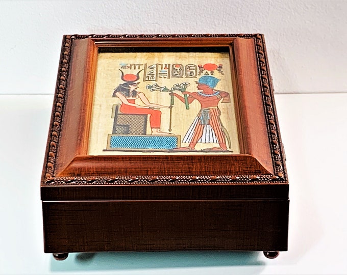 Vintage Musical Memory Jewelry Box, Hand Painted Egyptian Papyrus Cover, Tune: 'What Friends Are For'. 8" W. 6" L. Padded. Free US Shipping.