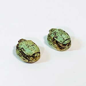 Two Vintage Ancient Egyptian Faience Scarab Amulets, Small Ritual Ceremonial Scarabs, Dahshur - Memphis Necropolis, Lower Egypt, 11 - 12 mm.