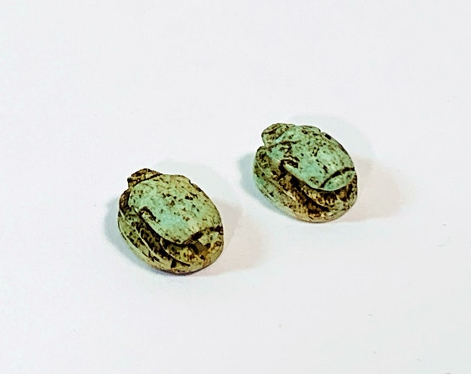 Two Vintage Ancient Egyptian Faience Scarab Amulets, Small Ritual Ceremonial Scarabs, Dahshur - Memphis Necropolis, Lower Egypt, 11 - 12 mm.
