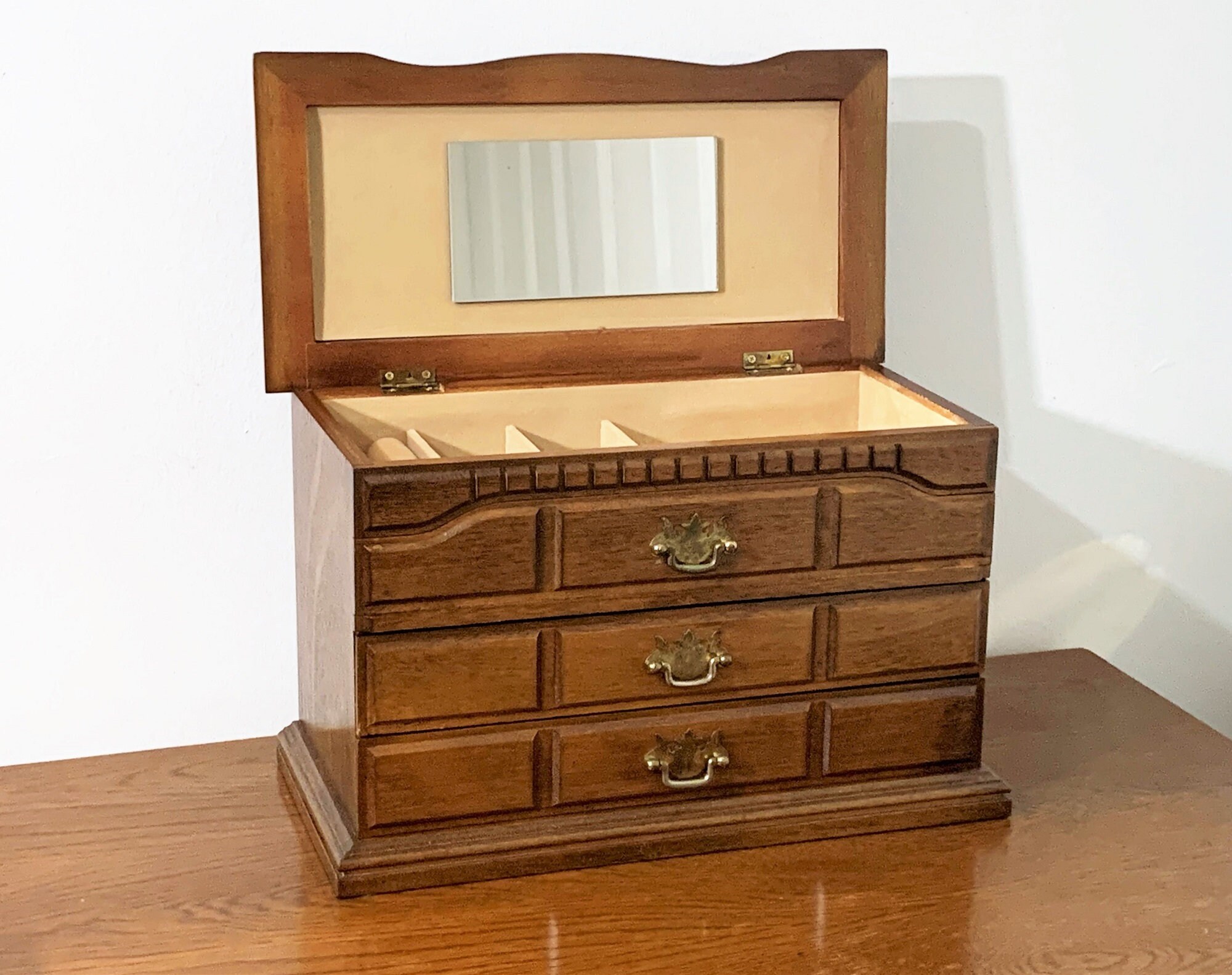 Vintage Solid Wood Jewelry Chest, Hinged Lid W/Mirror and Padded Frame, Padded Sections