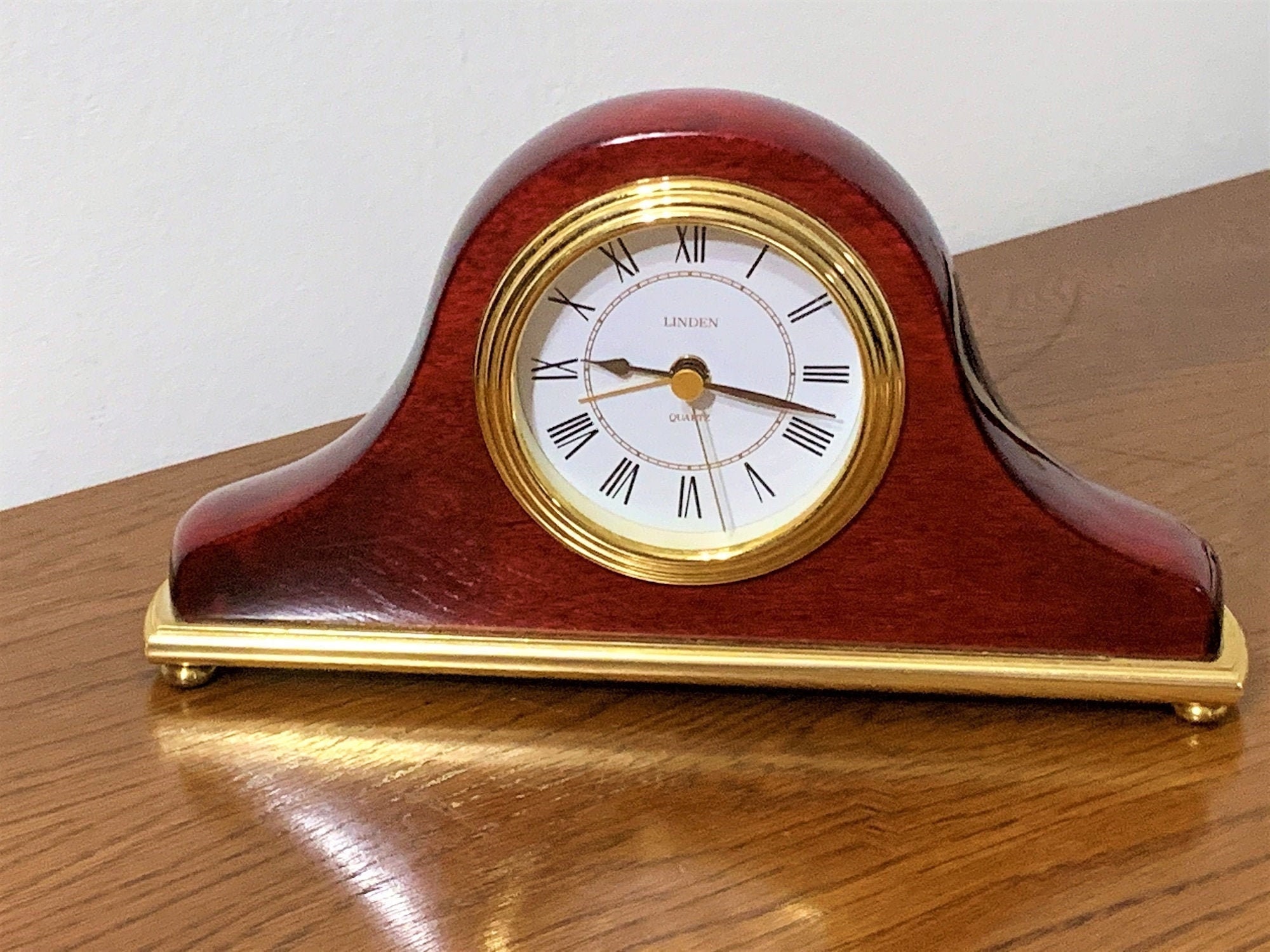 Linden Mahogany Gloss & Brass Mantle Quartz Alarm Clock, Napoleon Style
