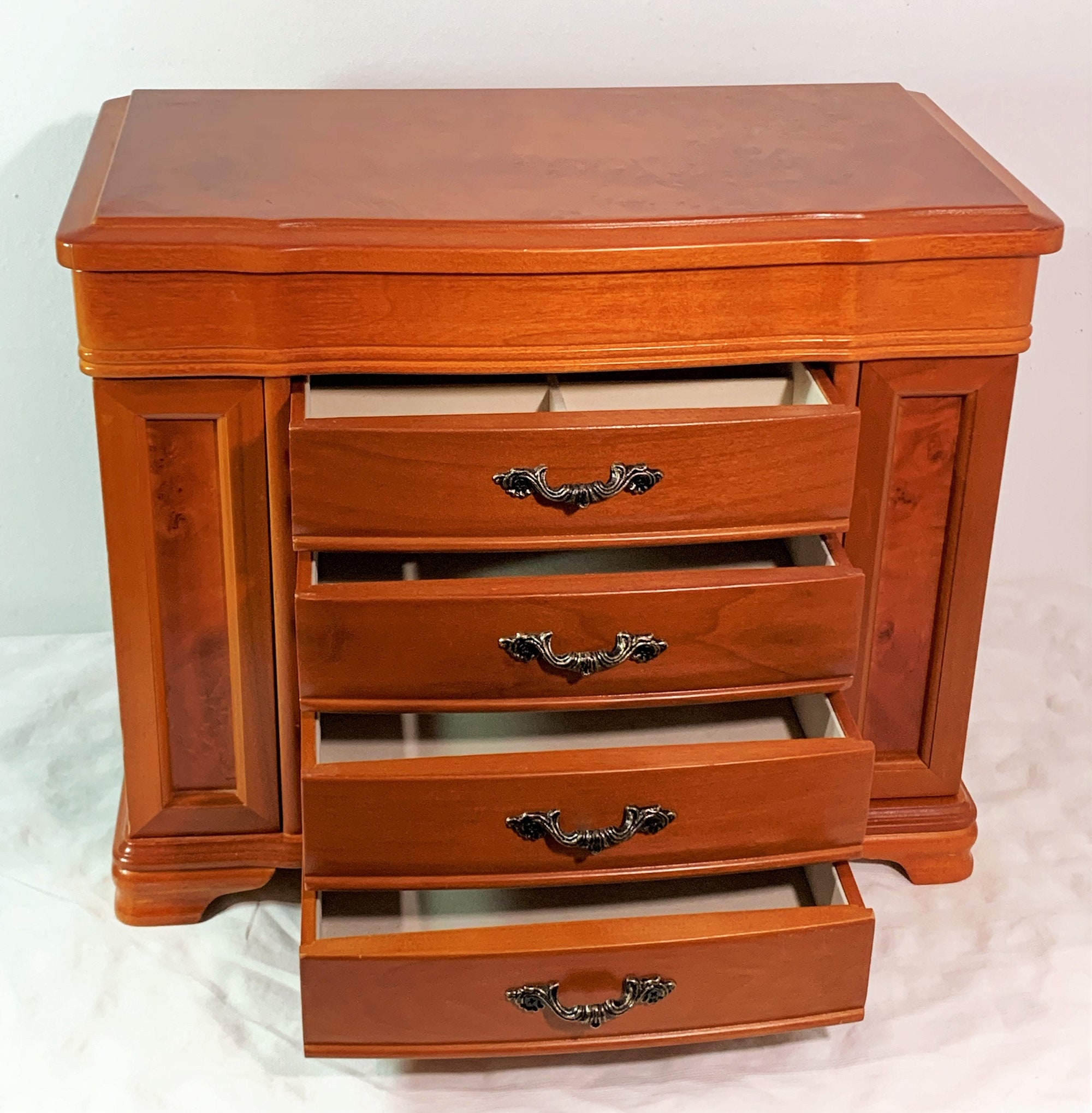 Vintage Super Large Burl Wood Jewelry Armoire, Hinged Lid W/Large