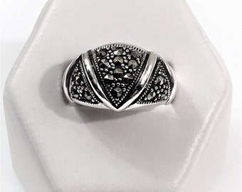 Vintage Sterling and Marcasite Domed Ring, Stylish Beautiful Design, 12mm Wide Top, Size 8