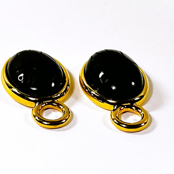 Natural Black Onyx Scarabs Earring Charms, 18X13mm Gemstones, Bezel Set, 18K Gold Clad. 1.15" Long, Large 10mm Loop. Mint. Free US Shipping.