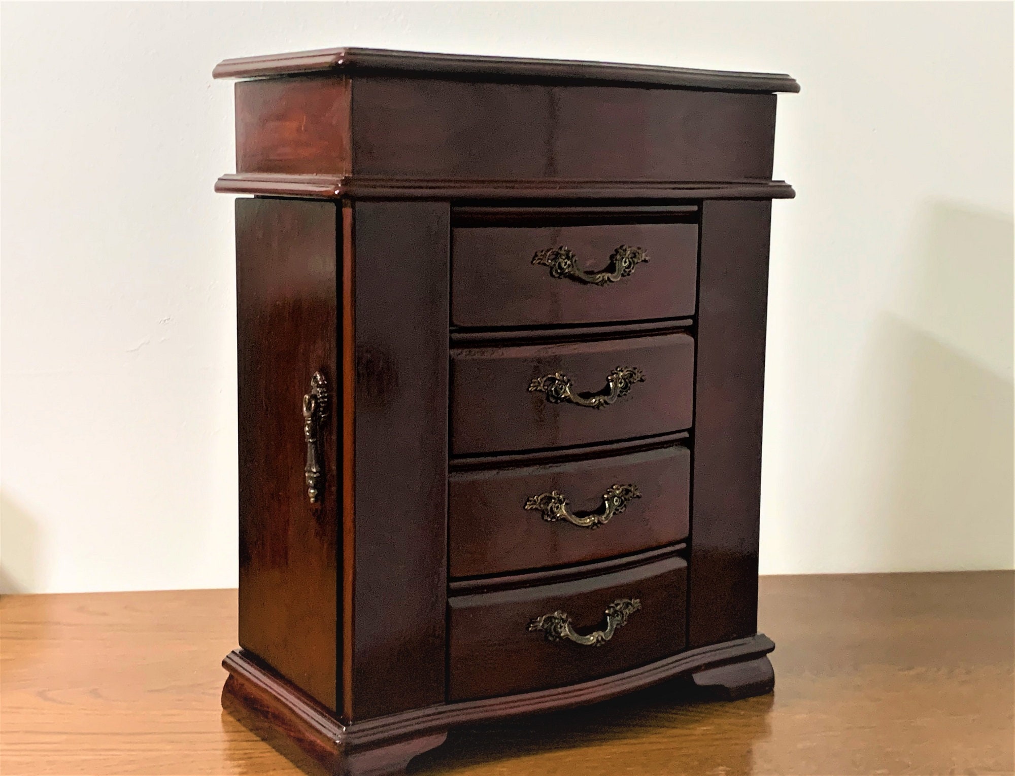 Vintage Solid Wood Jewelry Armoire , Hinged Lid W/Large Mirror