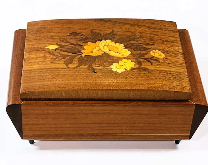 Reuge Swiss Music Box, Tune 'What I Did For Love' Crafted in Italy, Piano Finish. Inlaid Flowers, Top Grade, 7" W. 4.5" L. Free US Shipping