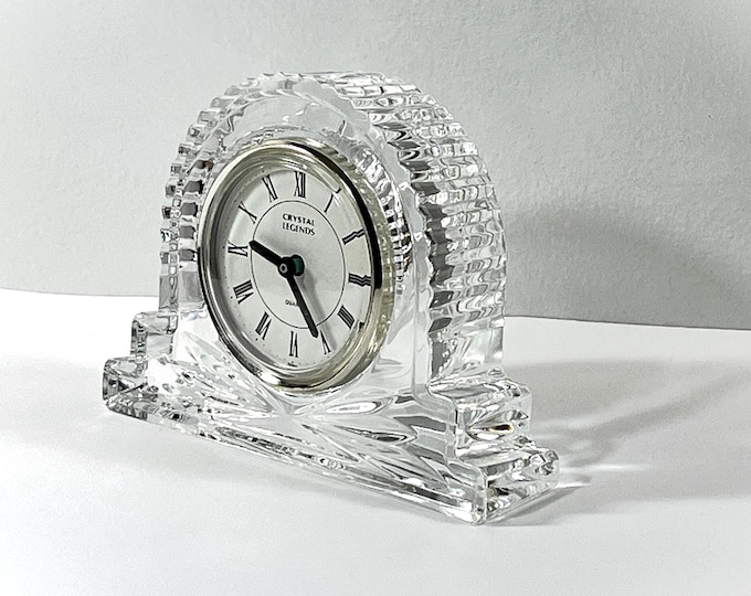 Vintage Crystal Legends by Godinger© France 24% Fine Lead Crystal Clock, Taiwan Precision Quartz. 6" W. 4" T. Mint, Free US Shipping.