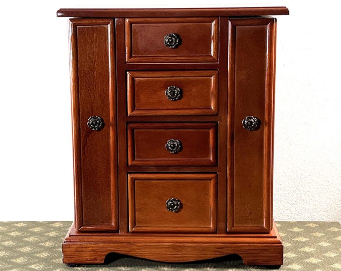 Vintage Croft & Barrow® Mahogany Jewelry Armoire, 2 Side Boxed Doors W/ Hangers, 3 Drawers, Ring Drawer, 11.5" T. 9.5" W. Free US Shipping