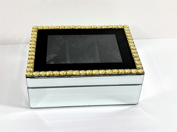Vintage Mirrored & Jeweled Jewelry Box, Black Lin… - image 5