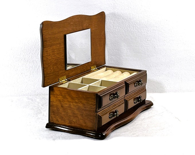 Vintage Centurion® Louisville Walnut Wood Jewelry Box, Lid W/ Mirror, Padded Sections, Drawer, 10.5" W. 5" L. Restored. Free US Shipping