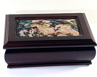 Vintage Mahogany Wood Jewelry Box, Floral Canvas Top, Mirror, Movable Tray, Rings Section, 8.5" W. 5.5" L. Restored. Free US Shipping.