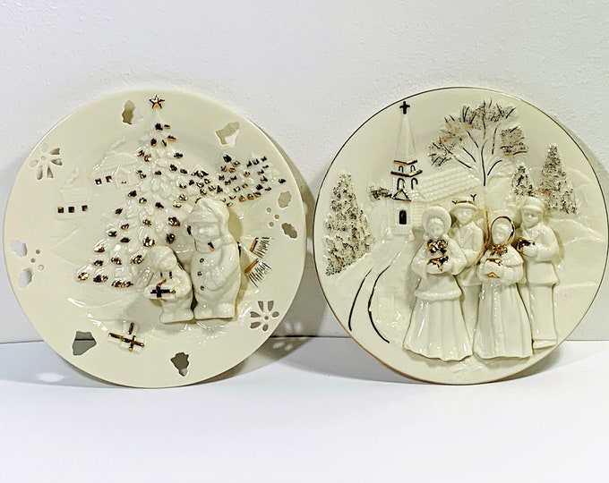 VTG Two Mikasa® "Holiday Elegance" Fine Porcelain 3D Wall Plates, Santa Bringing Presents & Church Carolers. 7" Diam. Mint. Free US Shipping