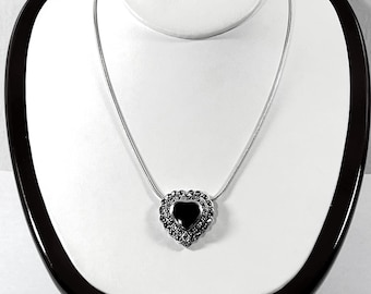 VTG Sterling Silver Black Onyx Gemstone & Marcasite Heart Slide Necklace. 13.40 Grams. 26mm Heart. 16" Snake Chain. free US Shipping