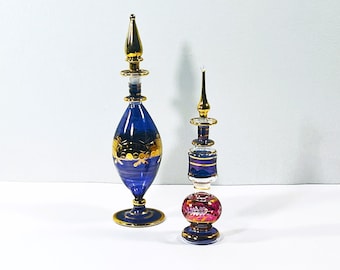 Vintage Set of Two Egyptian Hand Made - Blown Glass Perfume Bottles, Etched Patterns, Gold Leaf Accents, 6" & 8" T. Free US Shipping.