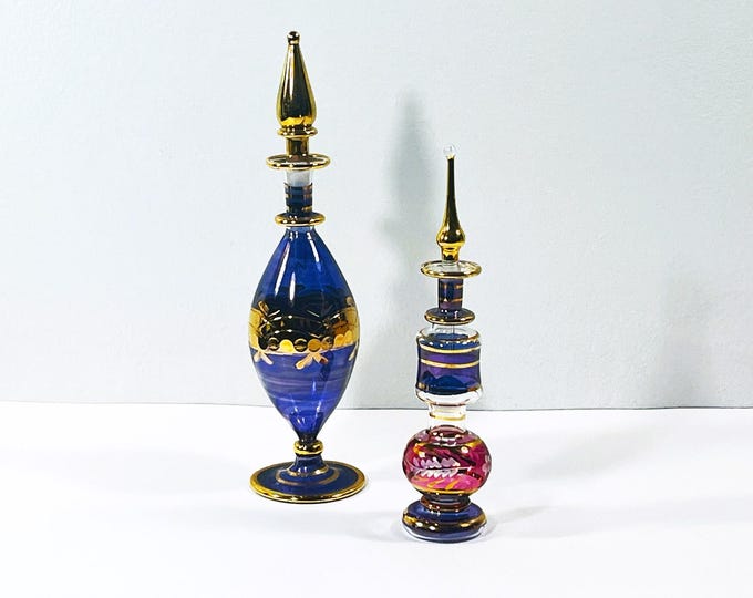 Vintage Set of Two Egyptian Hand Made - Blown Glass Perfume Bottles, Etched Patterns, Gold Leaf Accents, 6" & 8" T. Free US Shipping.