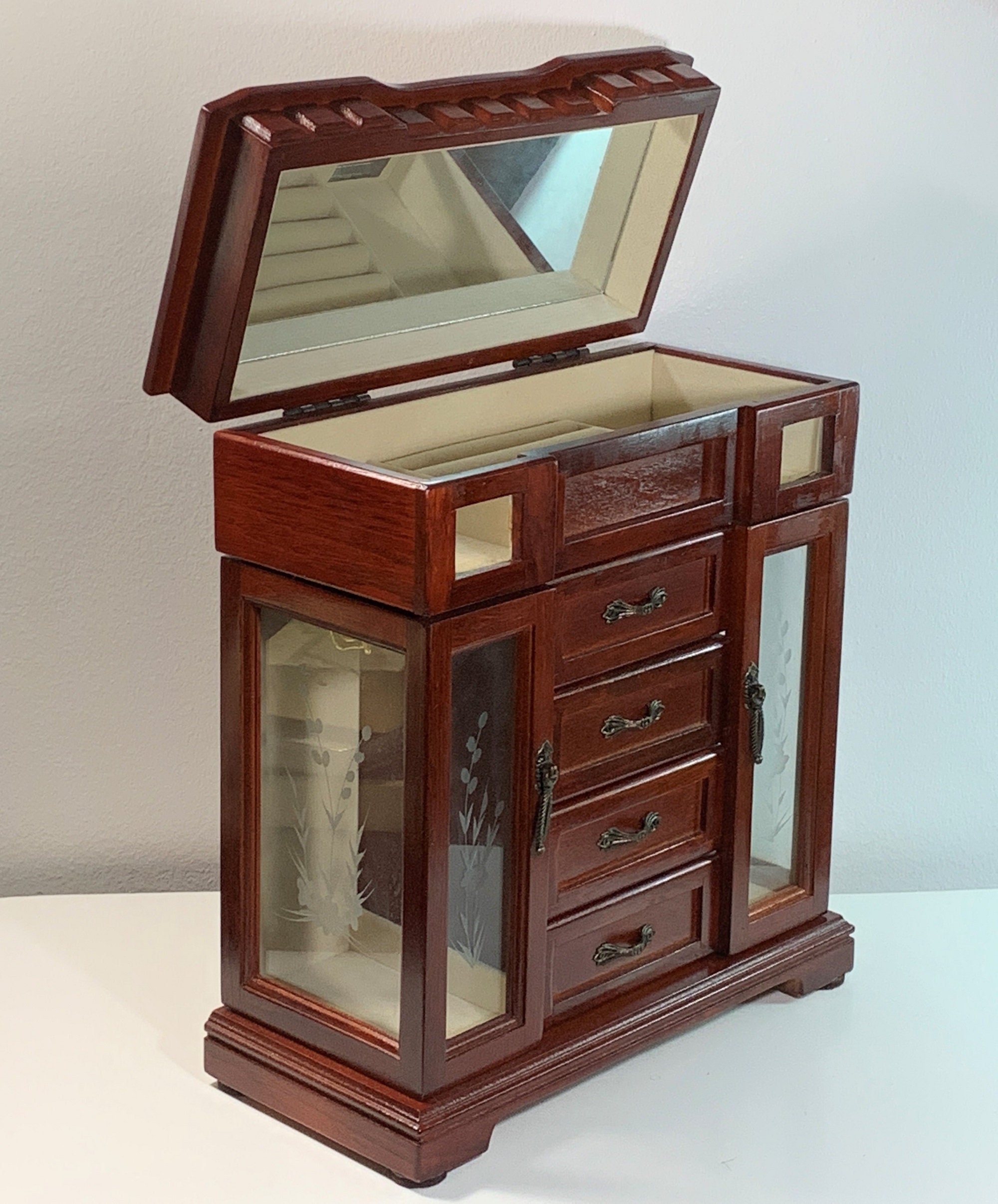 Vintage Large Wood Jewelry Armoire, Hinged Top, Large Mirror, 2 Side