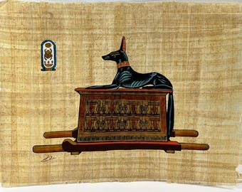 Vintage Hand Painted Egyptian Papyrus, God Anubis The Jackal, From King Tut's Tomb. 13 X 9 inch, 33 X 23 cm, Signed. Free US Shipping