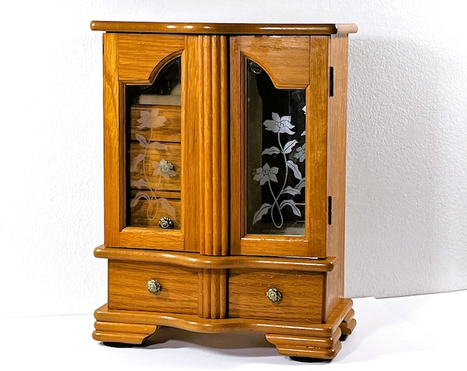 Vintage Unique Wood Jewelry Armoire, 2 Hinged Floral Glass Doors, Hangers, Rings Section, Mirror, 3 Drawers. 12" T. 9.5" W. Free US Shipping