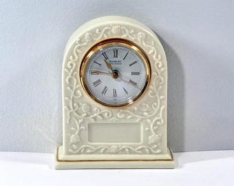 Banbury™ Clock Co. Bone China Porcelain Clock. Embossed Patterns. 24K Gold Accents, 5.5" T. 4.5" W. Serviced. Free US Shipping.