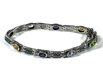 Vintage Sterling Silver Marcasite and Multi Gemstone Bracelet, 8 Oval Natural Faceted Gems 7X5mm, 7.5" L. 17  Grams, Free US Shipping