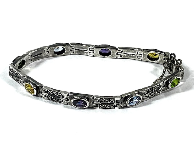 Vintage Sterling Silver Marcasite and Multi Gemstone Bracelet, 8 Oval Natural Faceted Gems 7X5mm, 7.5" L. 17  Grams, Free US Shipping