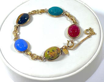 Vintage CRCO™ 1960's 12K Gold Filled Scarab Bracelet, 5 Carved Gemstones Scarabs 16X12mm, Safety Chain, Refinished. 7.5" L. Free US Shipping