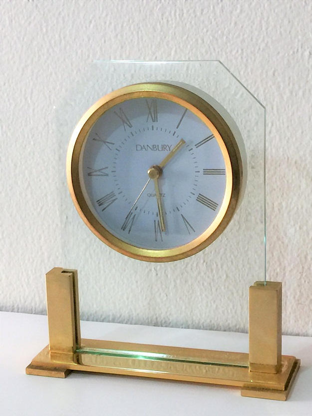 Vintage Danbury Glass and Gold Tone Counter Top Clock, Quartz, 6 1/4