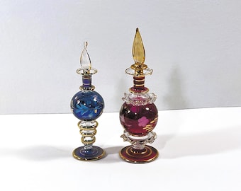 Vintage Set of Two Egyptian Hand Made - Blown Glass Perfume Bottles, Etched Patterns, Gold Leaf Accents, 5" & 6" T. Free US Shipping.