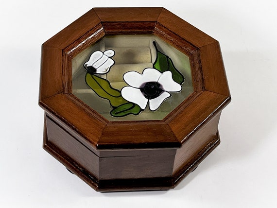 Vintage Mahogany Solid Wood Jewelry Box, Floral S… - image 1
