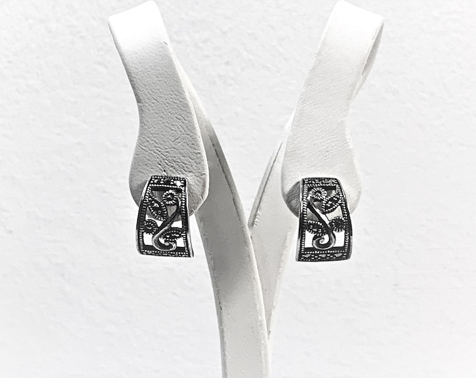 Vintage Sterling Silver Marcasite Drop Earrings. Victorian Style, 5/8" - 16mm Drop, 11mm Wide. Posts. Polished & Cleaned, Free US Shipping.