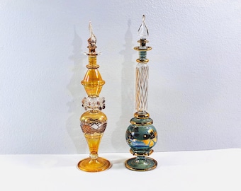 Vintage Set of Two Egyptian Hand Made - Blown Glass Perfume Bottles, Etched & Raised Patterns, Gold Leaf Accents, 9.5" T. Free US Shipping.