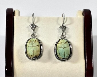 Vintage Ancient Egyptian Faience Scarabs Dangle Earrings, Handmade S.Silver Bezel & Ear Wire, 1.75" long, Made in Egypt. Free US Shipping