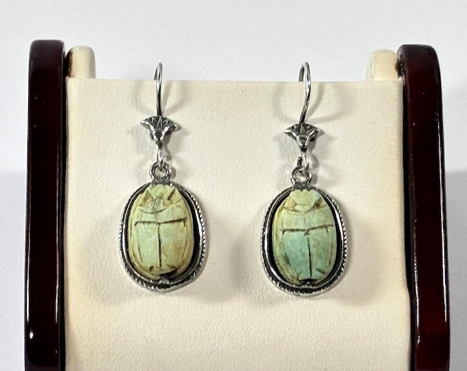 Vintage Ancient Egyptian Faience Scarabs Dangle Earrings, Handmade S.Silver Bezel & Ear Wire, 1.75" long, Made in Egypt. Free US Shipping
