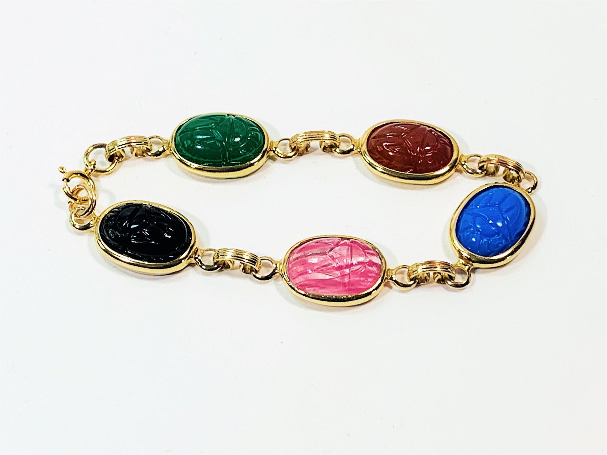 Vintage Gold Filled Scarab Bracelet, 5 Carved Scarabs 18 X13mm
