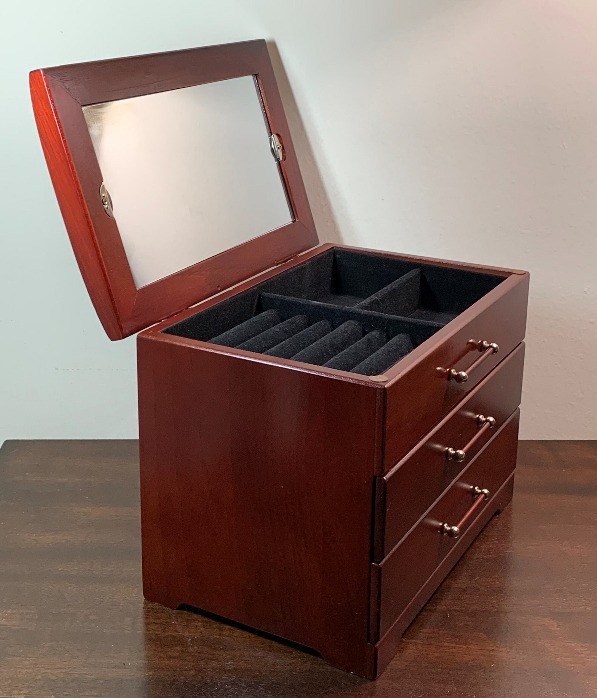 Vintage Solid Wood Jewelry Box Storage, Glass Window Lid, Mirror