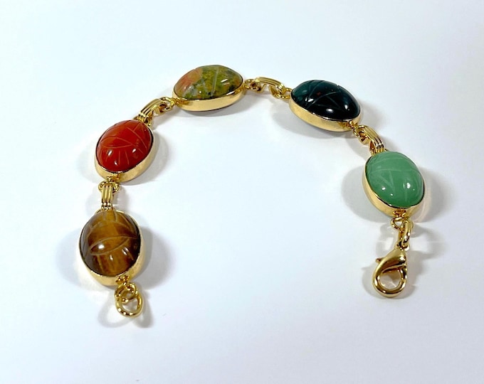 Vintage Carved Natural Gemstones Scarab Bracelet, 5 Large Scarabs 18X13mm, 18K RGP. Jade, Coral, Tiger's Eye, Unakite Etc. Free US Shipping.